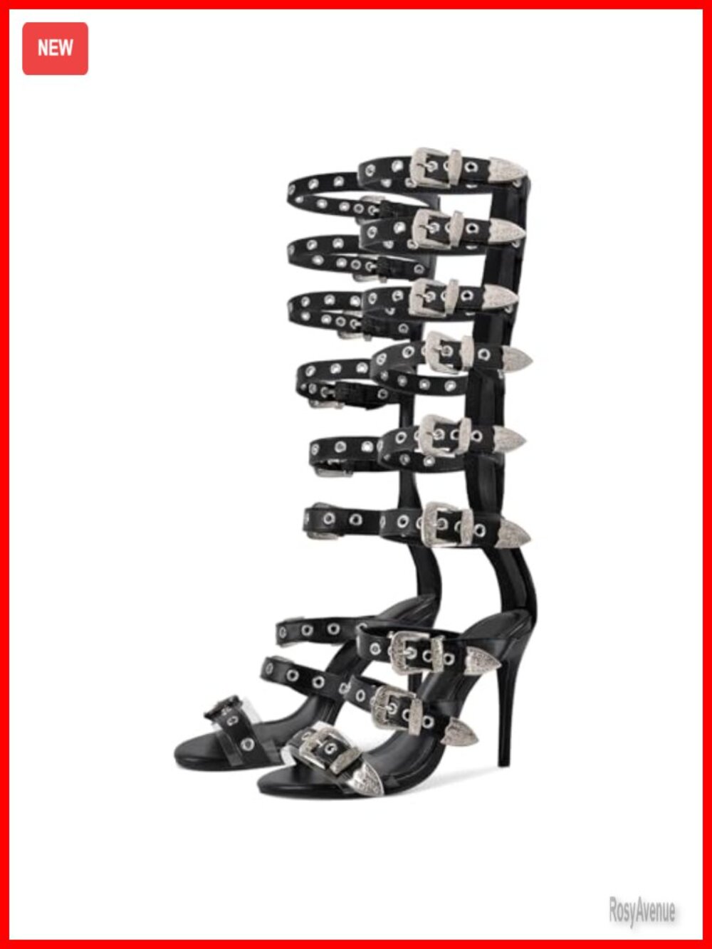 Knee High Gladiator Sandals Back Zip Stiletto Heel Round Toe
